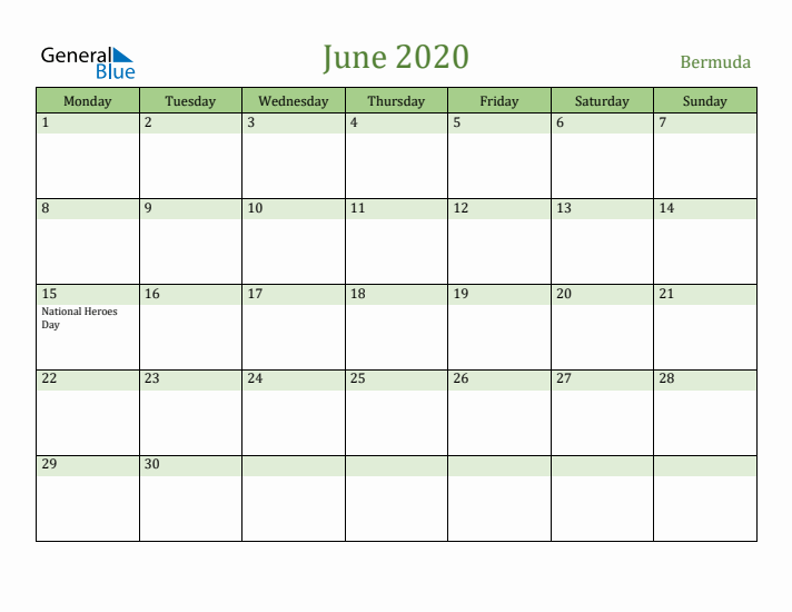 June 2020 Calendar with Bermuda Holidays