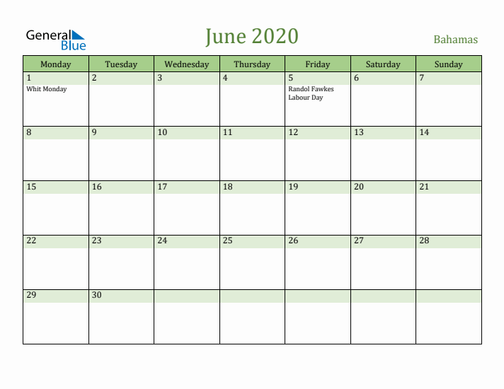 June 2020 Calendar with Bahamas Holidays