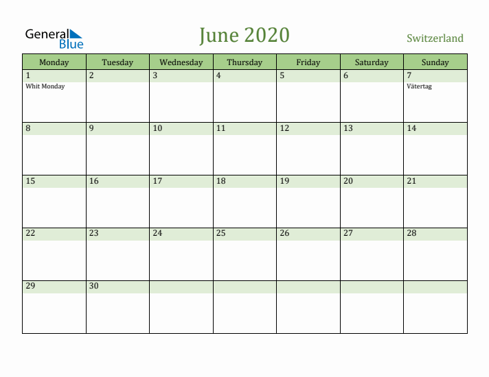 June 2020 Calendar with Switzerland Holidays