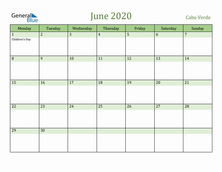 June 2020 Calendar with Cabo Verde Holidays