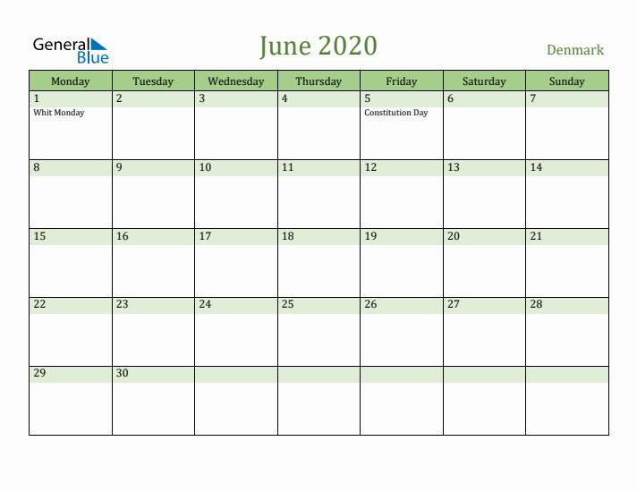 June 2020 Calendar with Denmark Holidays