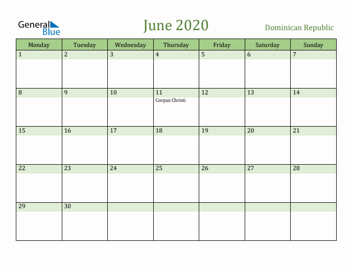 June 2020 Calendar with Dominican Republic Holidays