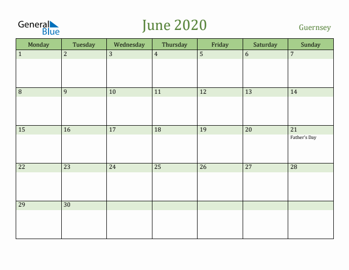 June 2020 Calendar with Guernsey Holidays