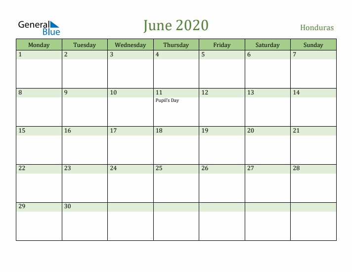 June 2020 Calendar with Honduras Holidays