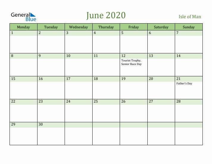 June 2020 Calendar with Isle of Man Holidays