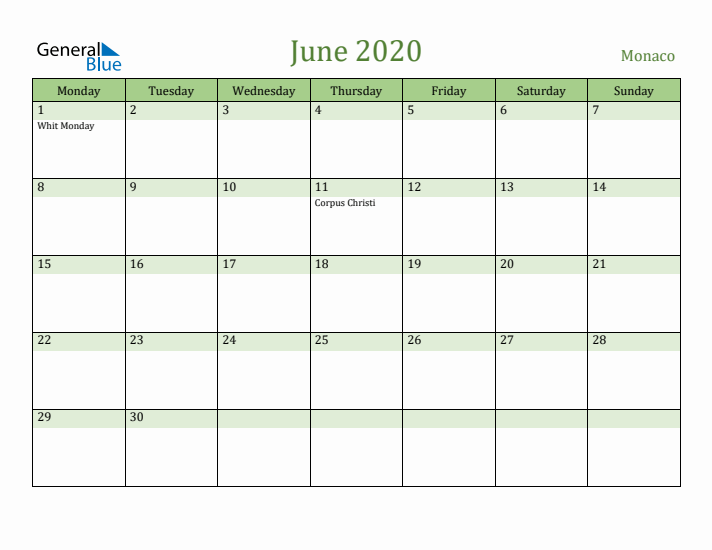 June 2020 Calendar with Monaco Holidays