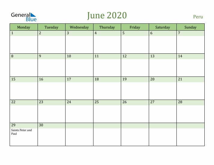 June 2020 Calendar with Peru Holidays