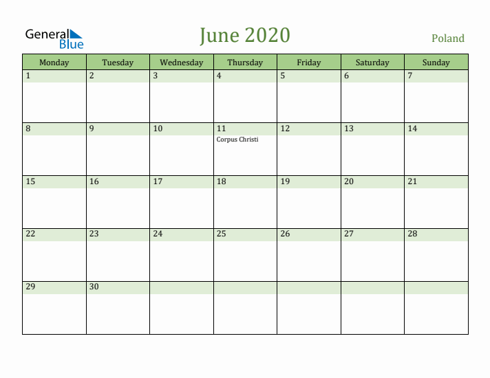 June 2020 Calendar with Poland Holidays