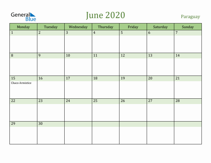 June 2020 Calendar with Paraguay Holidays