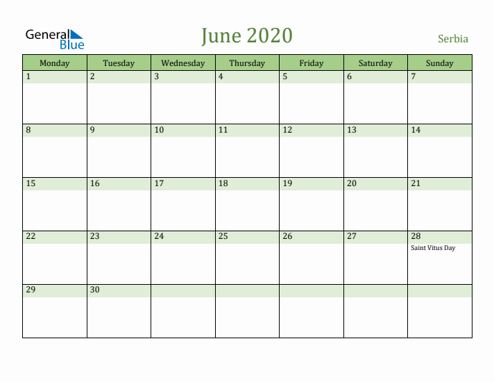 June 2020 Calendar with Serbia Holidays