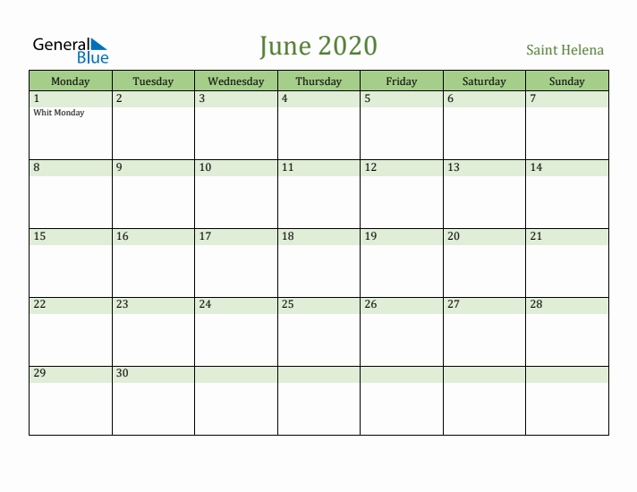 June 2020 Calendar with Saint Helena Holidays