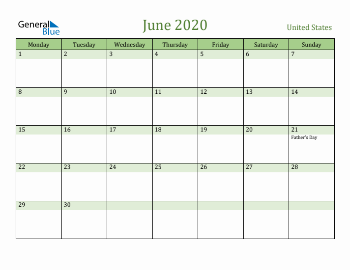 June 2020 Calendar with United States Holidays