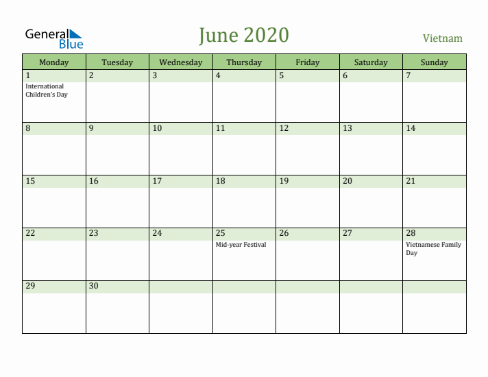 June 2020 Calendar with Vietnam Holidays