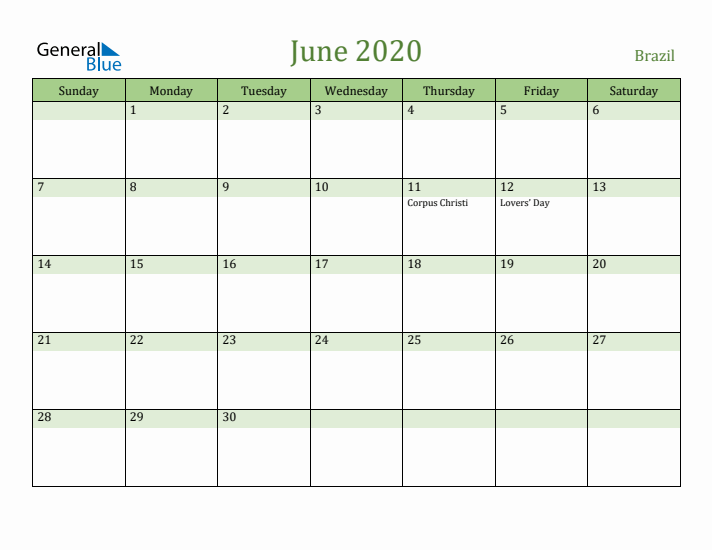 June 2020 Calendar with Brazil Holidays