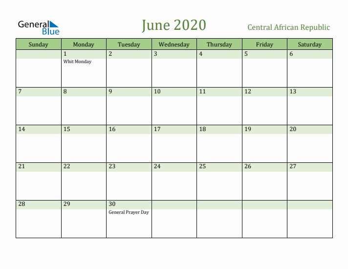 June 2020 Calendar with Central African Republic Holidays