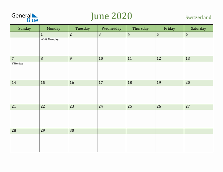 June 2020 Calendar with Switzerland Holidays