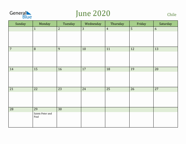 June 2020 Calendar with Chile Holidays