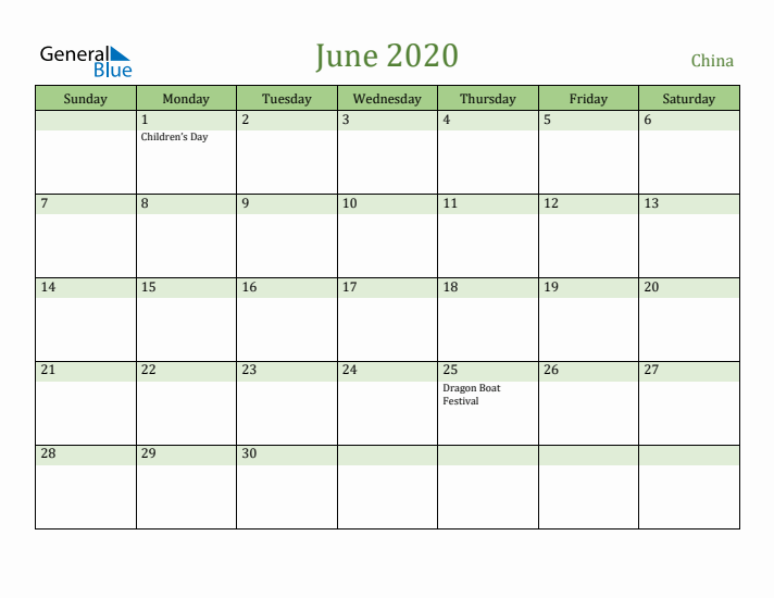 June 2020 Calendar with China Holidays