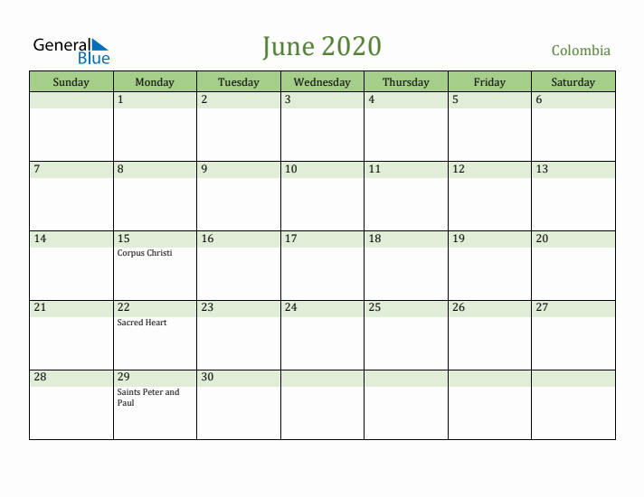 June 2020 Calendar with Colombia Holidays