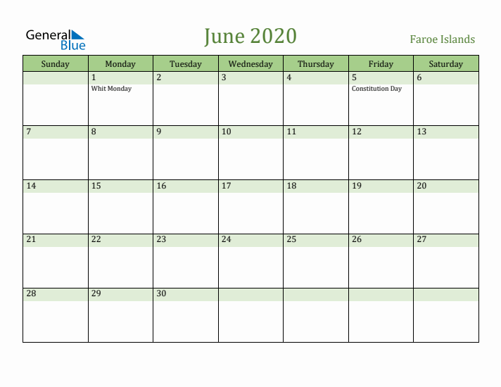 June 2020 Calendar with Faroe Islands Holidays