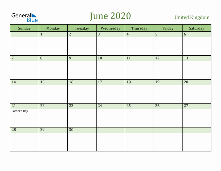 June 2020 Calendar with United Kingdom Holidays