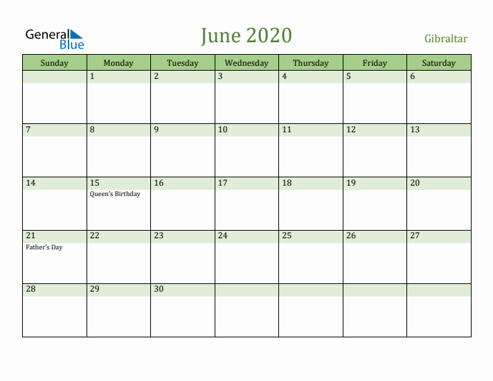 June 2020 Calendar with Gibraltar Holidays