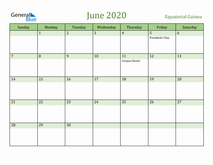 June 2020 Calendar with Equatorial Guinea Holidays