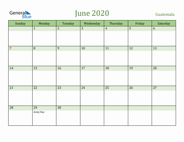 June 2020 Calendar with Guatemala Holidays