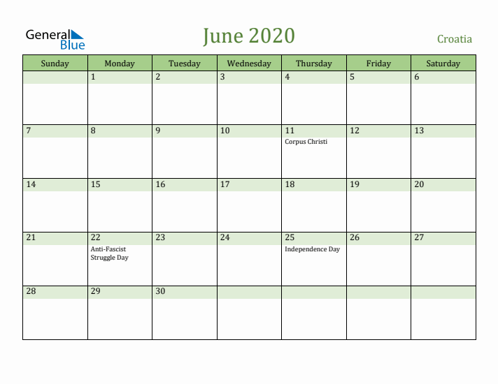 June 2020 Calendar with Croatia Holidays