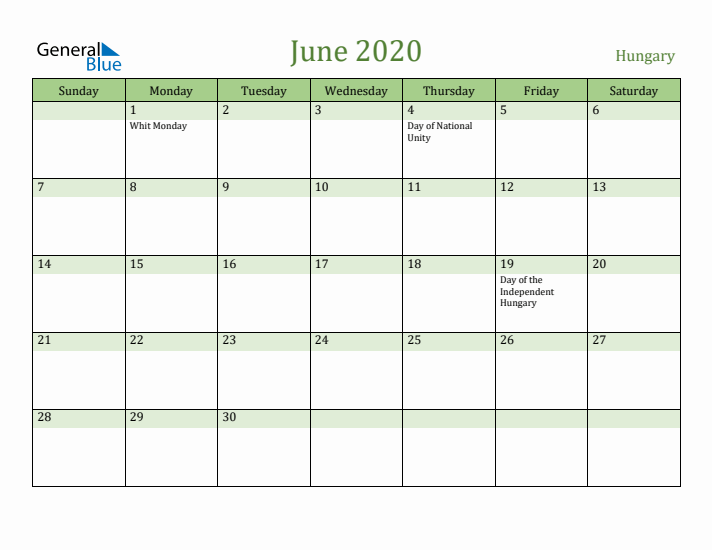 June 2020 Calendar with Hungary Holidays