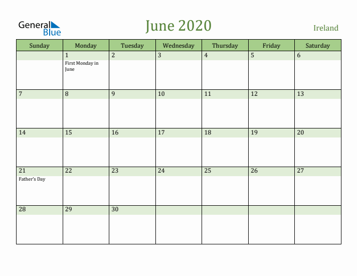 June 2020 Calendar with Ireland Holidays