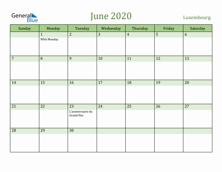 June 2020 Calendar with Luxembourg Holidays