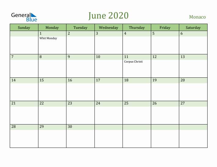 June 2020 Calendar with Monaco Holidays