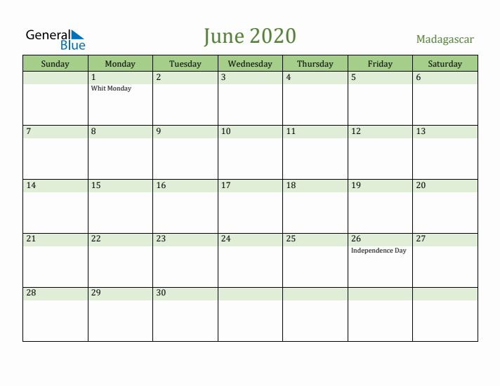 June 2020 Calendar with Madagascar Holidays