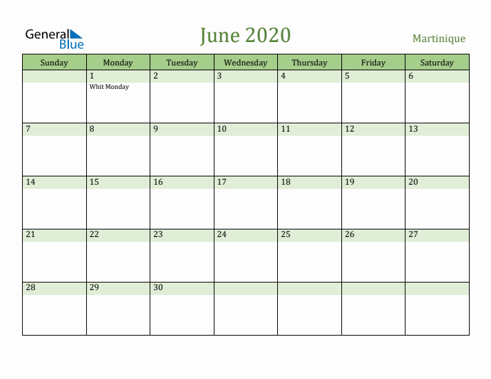 June 2020 Calendar with Martinique Holidays