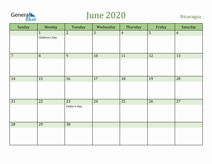 June 2020 Calendar with Nicaragua Holidays