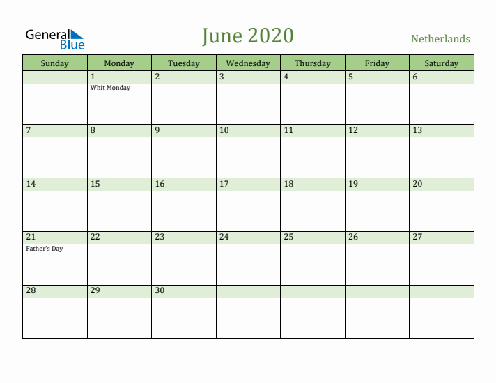 June 2020 Calendar with The Netherlands Holidays