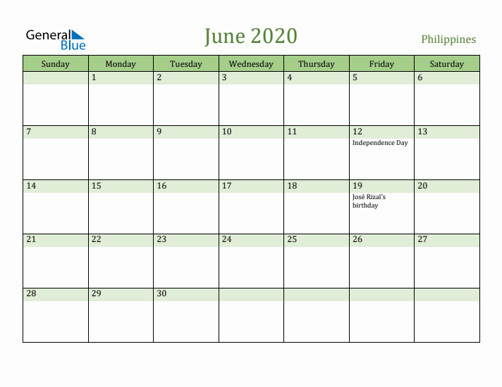 June 2020 Calendar with Philippines Holidays