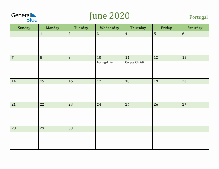 June 2020 Calendar with Portugal Holidays