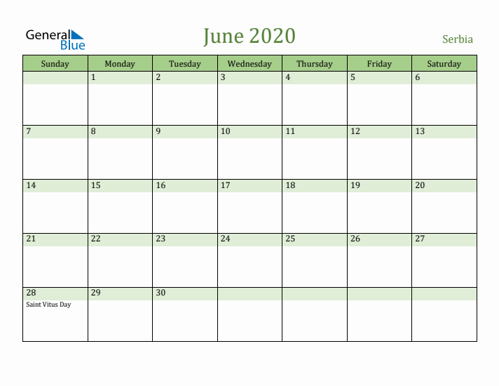 June 2020 Calendar with Serbia Holidays