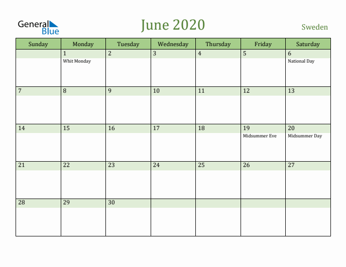 June 2020 Calendar with Sweden Holidays