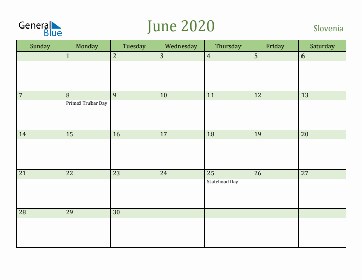 June 2020 Calendar with Slovenia Holidays