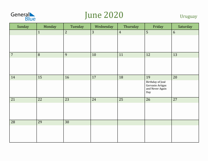 June 2020 Calendar with Uruguay Holidays