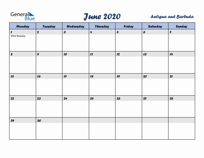 June 2020 Calendar with Holidays in Antigua and Barbuda