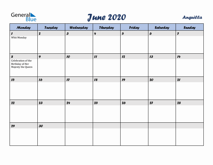 June 2020 Calendar with Holidays in Anguilla