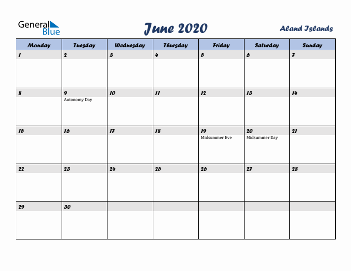 June 2020 Calendar with Holidays in Aland Islands