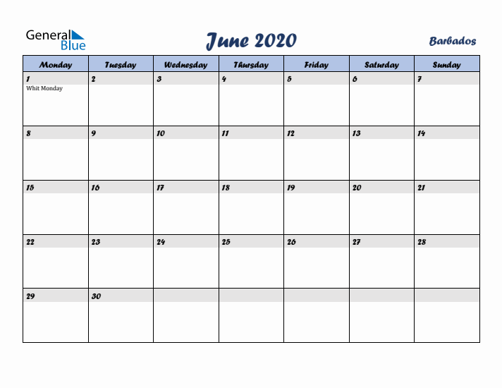 June 2020 Calendar with Holidays in Barbados