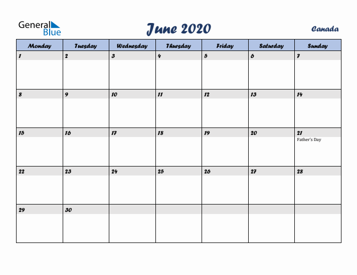 June 2020 Calendar with Holidays in Canada