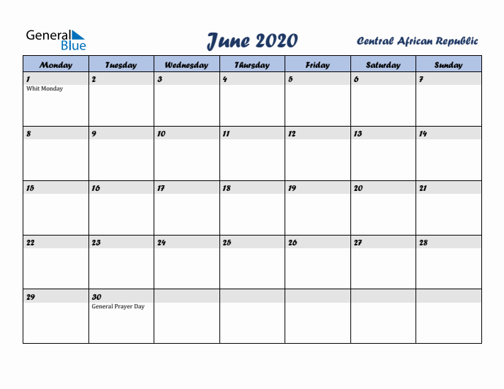 June 2020 Calendar with Holidays in Central African Republic