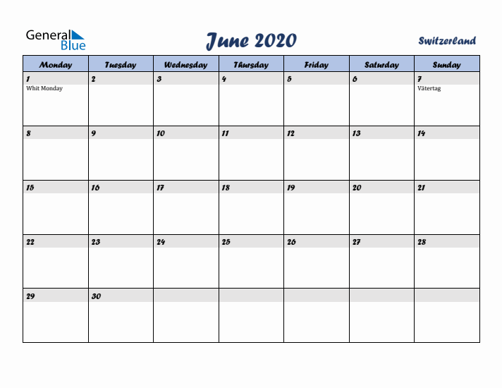 June 2020 Calendar with Holidays in Switzerland